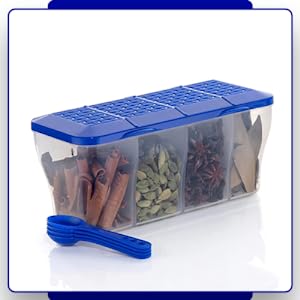 Multipurpose 4-in-1 Masala Box – Transparent Spice Container with Compartment Lids for Kitchen Storage
