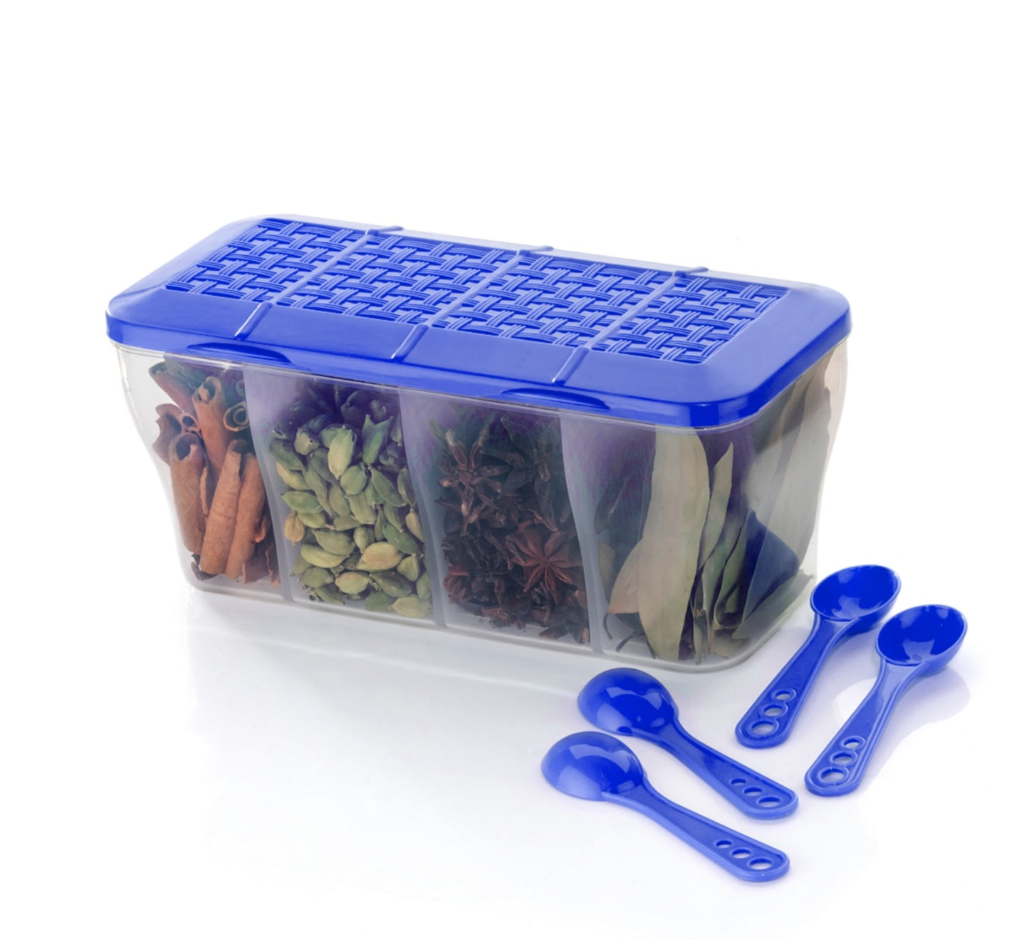 Multipurpose 4-in-1 Masala Box – Transparent Spice Container with Compartment Lids for Kitchen Storage