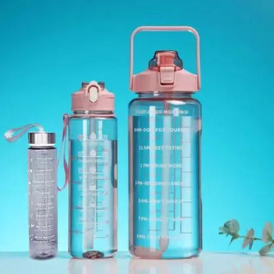 3-Piece Motivational Water Bottle Set (2L+900ml+300ml) – BPA-Free, Leakproof, for Gym & Office