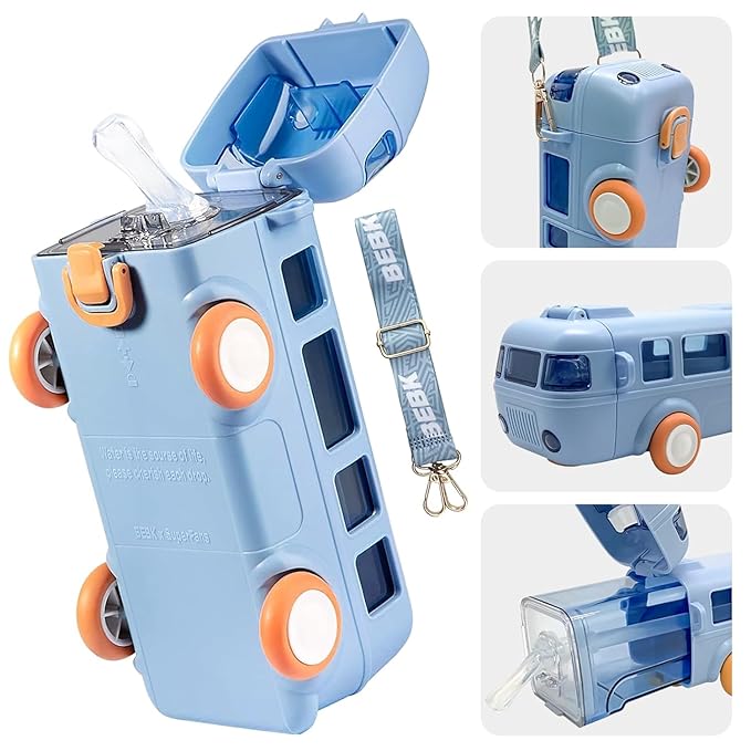 Kids Bus-Shaped Water Bottle with Strap – 500 ml Leakproof Sipper Bottle for School, Travel & Outdoor Use (Blue)