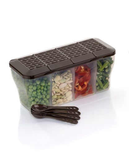Multipurpose 4-in-1 Masala Box – Transparent Spice Container with Compartment Lids for Kitchen Storage