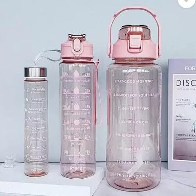 3-Piece Motivational Water Bottle Set (2L+900ml+300ml) – BPA-Free, Leakproof, for Gym & Office
