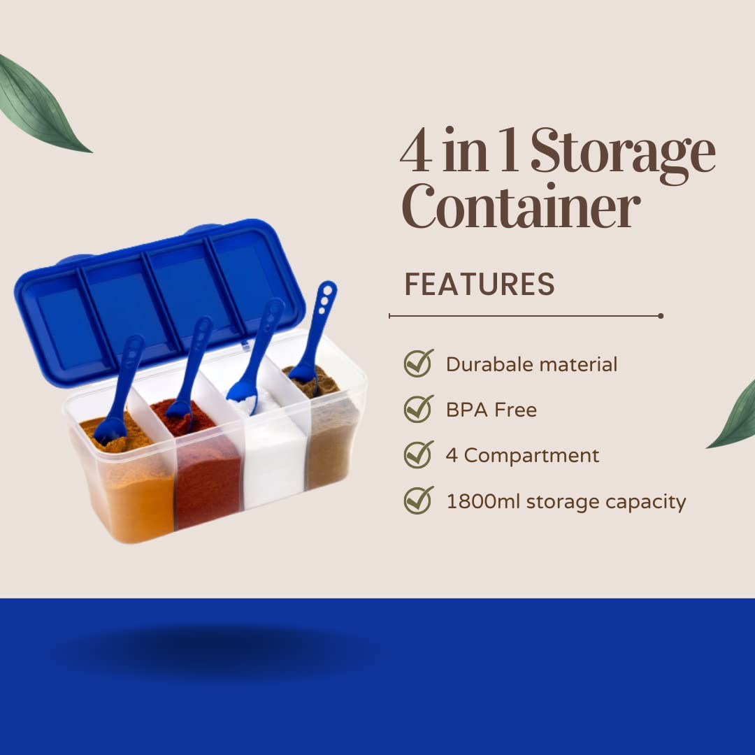 Multipurpose 4-in-1 Masala Box – Transparent Spice Container with Compartment Lids for Kitchen Storage