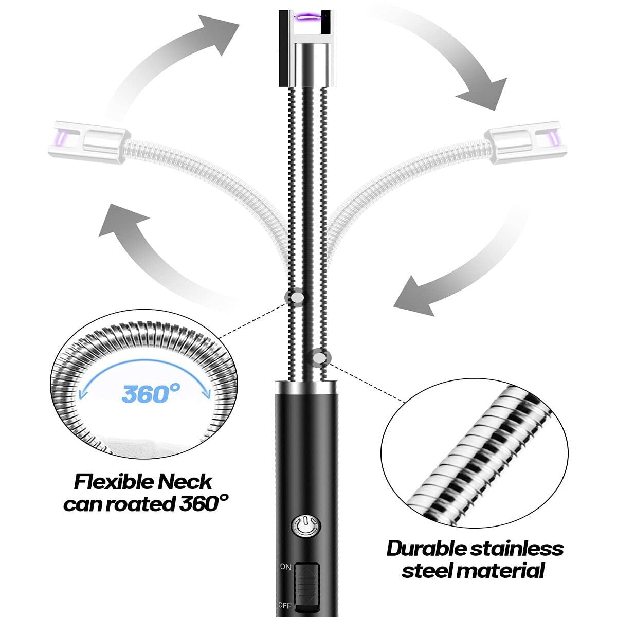 Gas Lighter Rechargeable  with Flexible 360° Neck | Flameless Electric Arc Lighter for Kitchen, BBQ, Candles – USB Recharge, Windproof & Safe