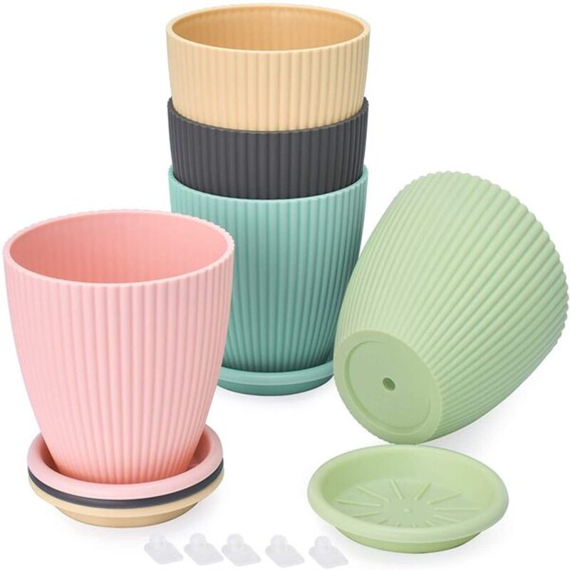 Plastic Garden Flower Pots with Tray – Set of 6 Multicolor Round Planters for Indoor & Outdoor Plants