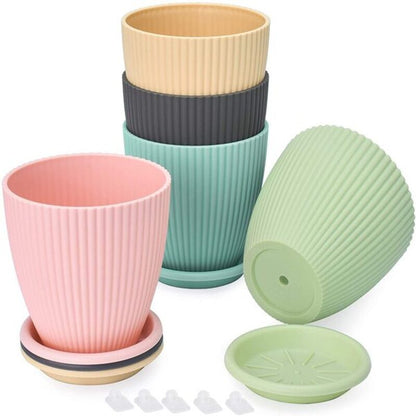 Plastic Garden Flower Pots with Tray – Set of 6 Multicolor Round Planters for Indoor & Outdoor Plants