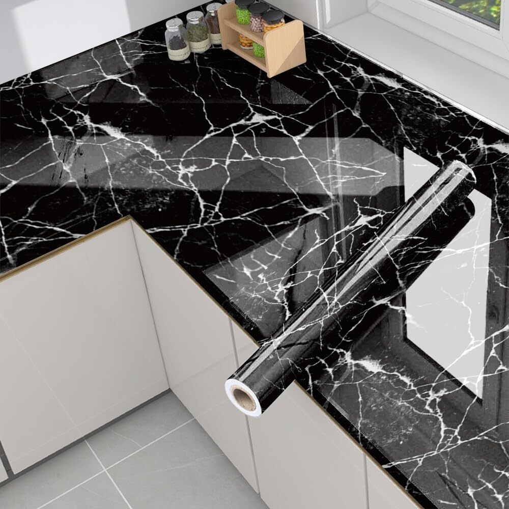 Black Marble  Wallpaper – Waterproof, Oil-Proof Vinyl Contact Paper for Countertops & Furniture (60 × 240 cm)