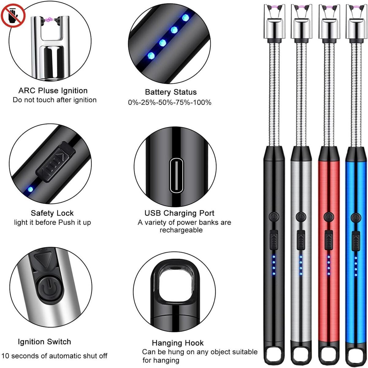 Gas Lighter Rechargeable  with Flexible 360° Neck | Flameless Electric Arc Lighter for Kitchen, BBQ, Candles – USB Recharge, Windproof & Safe