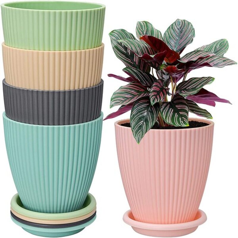 Plastic Garden Flower Pots with Tray – Set of 6 Multicolor Round Planters for Indoor & Outdoor Plants