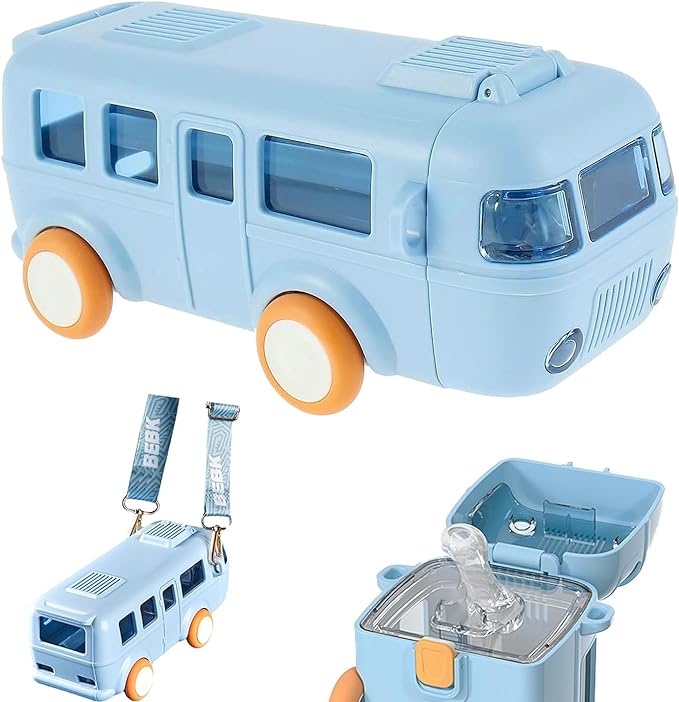 Kids Bus-Shaped Water Bottle with Strap – 500 ml Leakproof Sipper Bottle for School, Travel & Outdoor Use (Blue)