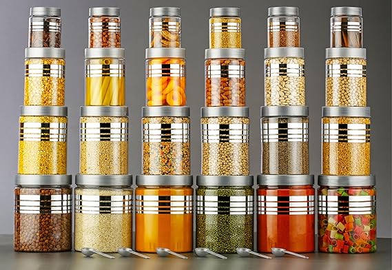 Plastic Grocery Container Set – Pack of 24 (250 ml | 350 ml | 650 ml | 1200 ml) – Airtight Food Storage Jars for Kitchen & Pantry