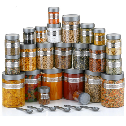 Plastic Grocery Container Set – Pack of 24 (250 ml | 350 ml | 650 ml | 1200 ml) – Airtight BPA-Free Kitchen Storage Jars