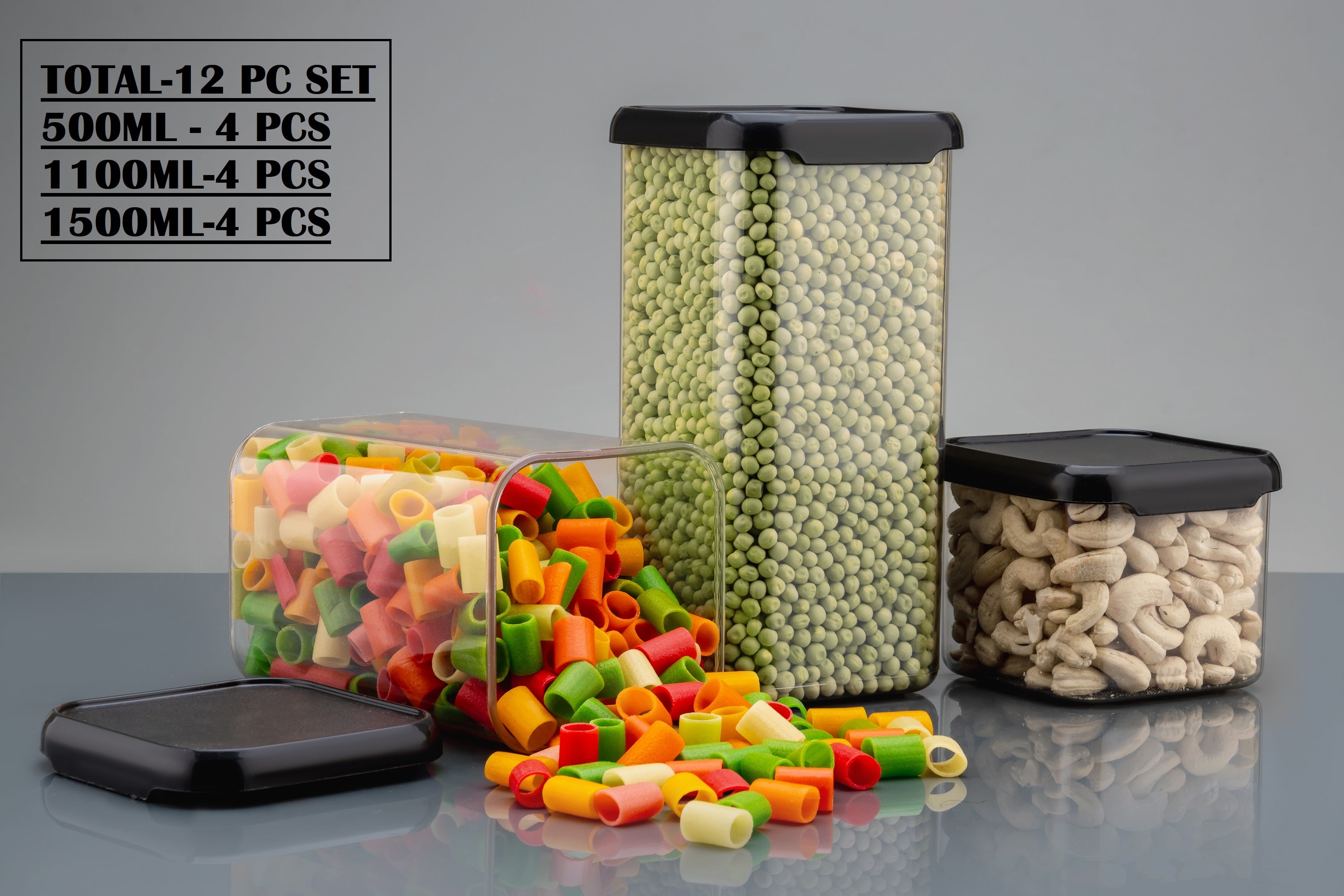 Multi‑Size Plastic Grocery Container Set – 500 / 1100 / 1500 ml Airtight Food Jars | BPA‑Free, Stackable & Transparent