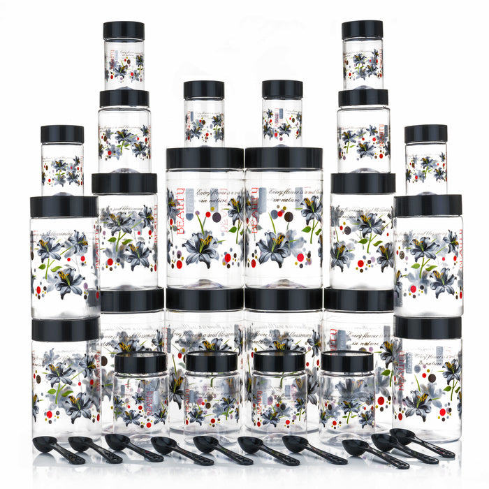 Plastic Grocery Container Set – 24-Pack Airtight Storage Jars (1200 ml, 650 ml, 350 ml, 250 ml, Black)