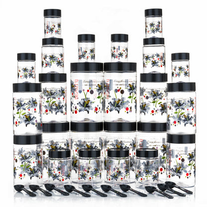 Plastic Grocery Container Set – 24-Pack Airtight Storage Jars (1200 ml, 650 ml, 350 ml, 250 ml, Black)