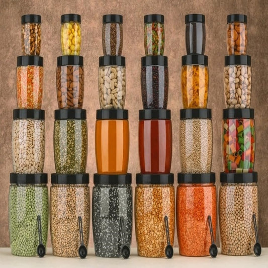 Plastic Grocery Container Set – Pack of 24 (250 ml | 350 ml | 650 ml | 1250 ml) – Airtight BPA‑Free Food Storage Jars